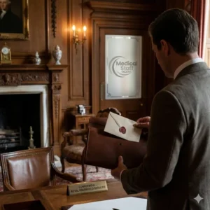 A professional in a formal suit stands in a traditional office with wood paneling and a fireplace, holding a leather briefcase and a wax-sealed envelope. A desk nameplate displays "CONFIDENTIAL - ROYAL HOUSEHOLD SERVICES," and the "Medical Staff Talent" logo is visible on a frosted glass door, representing exclusive and private recruitment services.