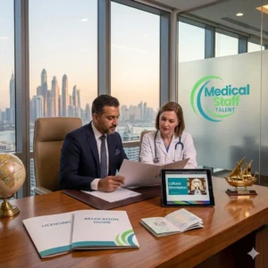 A consultant in a business suit and a medical professional in a white lab coat sit at a wooden desk, reviewing documents together. The desk is organized with a "RELOCATION GUIDE," "LICENSING" folders, a passport, and a tablet displaying "Cultural Orientation." In the background, a glass wall features the "Medical Staff Talent" logo, overlooking a panoramic view of a modern city skyline at sunset.