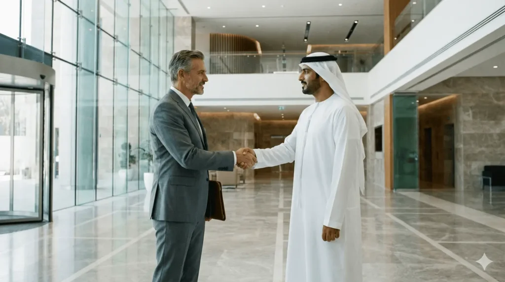 A Western-trained specialist in a blue suit demonstrates a spinal model to a client in traditional Middle Eastern attire in a high-end medical office overlooking the Burj Khalifa in Dubai.