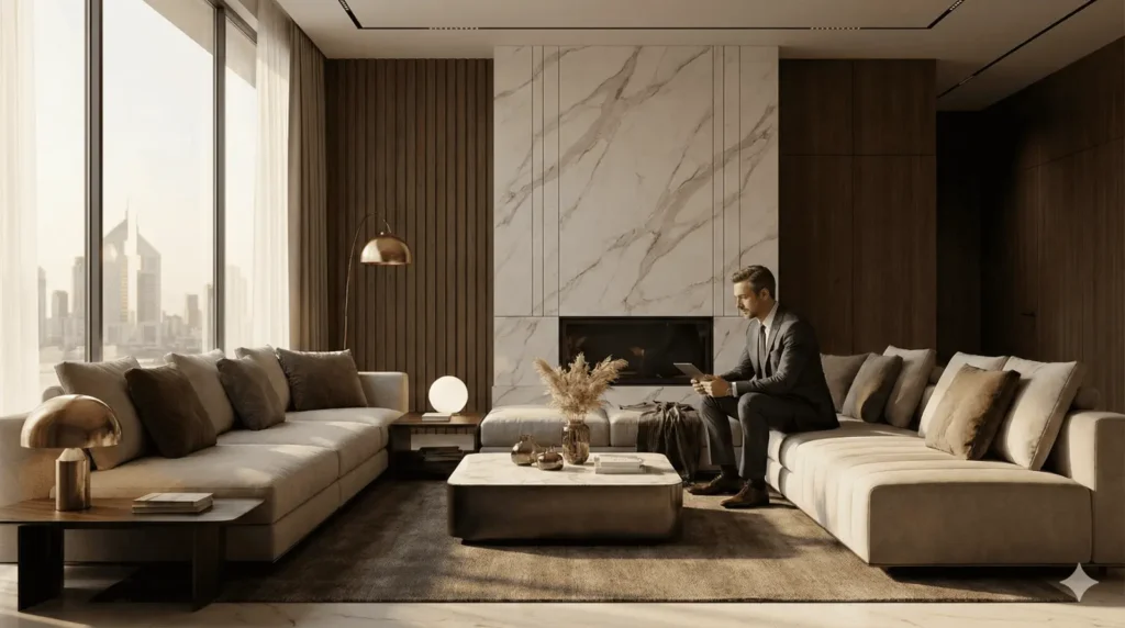 A professional woman in executive business attire reviews a medical licensing document marked with an "APPROVED" stamp in a modern office overlooking the Dubai skyline, including the Burj Khalifa, at sunset.