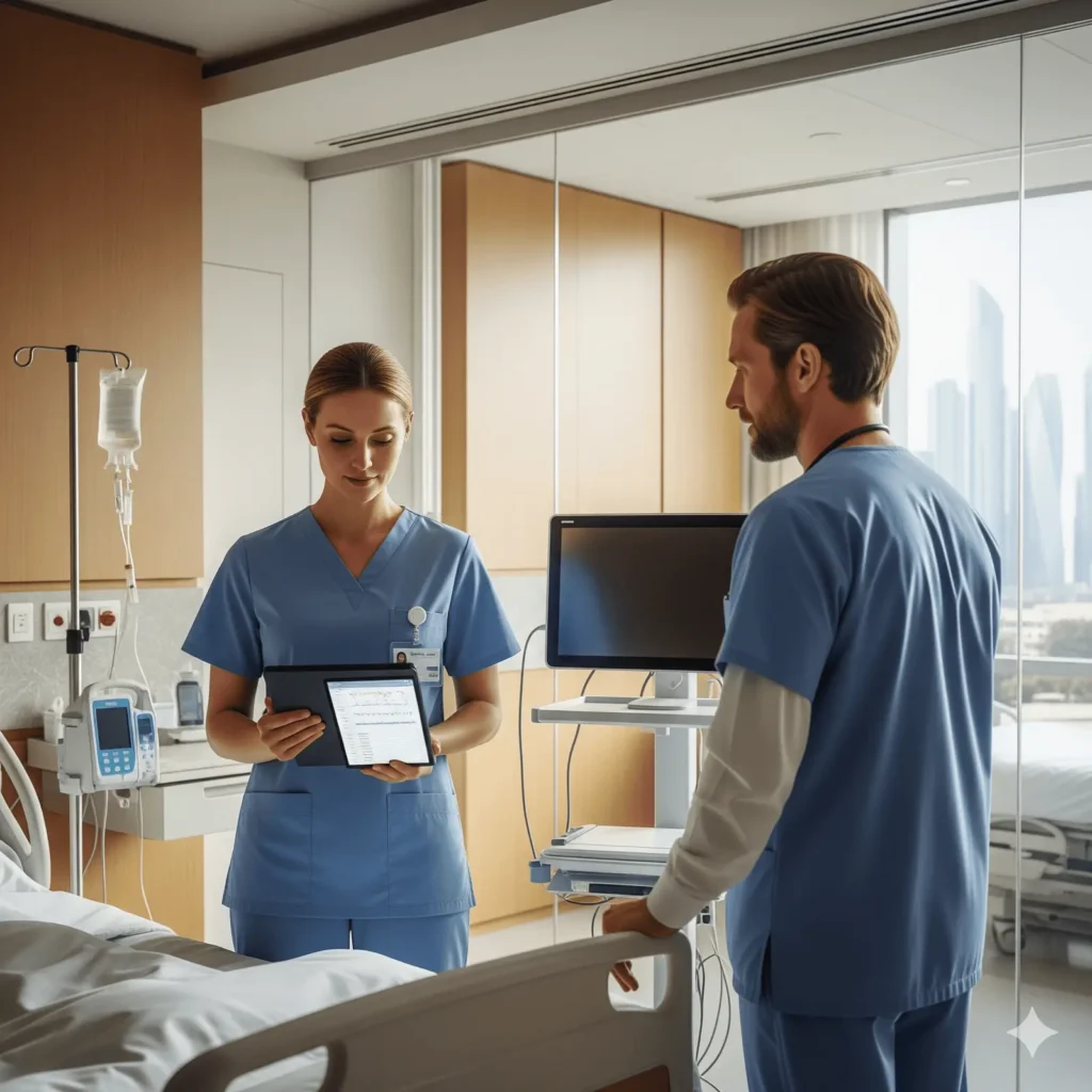 Early Warning and Escalation in Gulf Private Hospitals: Quiet Protection for Western-Trained Teams 3 A male doctor and a female clinician in light blue scrubs review patient data on a digital tablet in a high-end medical suite. An elderly patient rests comfortably in a modern hospital bed while the team discusses their care. The background features expansive windows showing a hazy skyline of a Middle Eastern coastal city, representing a private hospital setting in Dubai or Abu Dhabi.