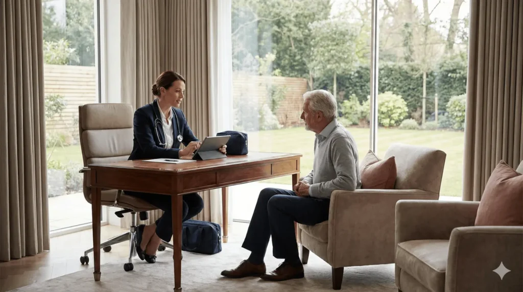 Elite Private Nursing: Securing Western-Trained Care 2 A female clinical leader in a white blazer leading a strategic meeting in a modern boardroom. Senior professionals are seated around a sleek table reviewing documents against a backdrop of a skyscraper-filled city skyline, representing high-level healthcare leadership in the GCC.