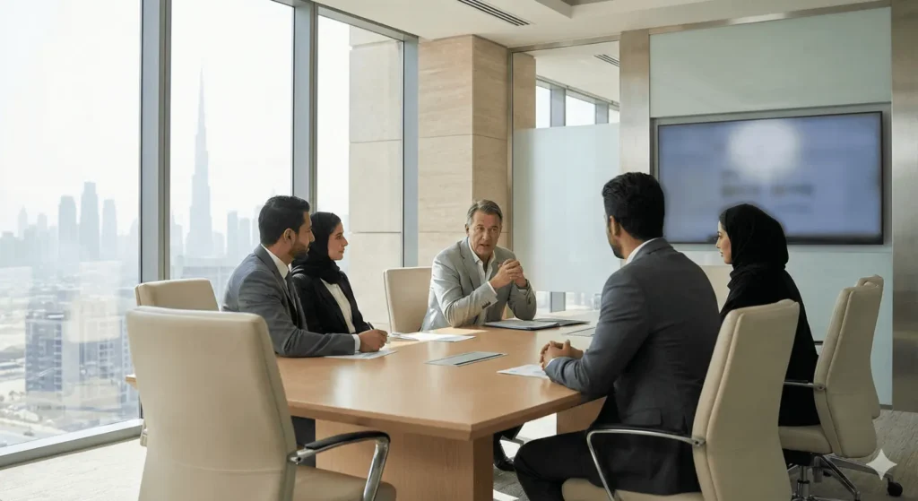 A diverse group of five corporate professionals in business attire engaged in a meeting around a light-colored wooden conference table. The setting is a modern boardroom with expansive floor-to-ceiling windows offering a clear view of the Dubai skyline, including the Burj Khalifa. The atmosphere is professional and collaborative, set within a high-rise office.