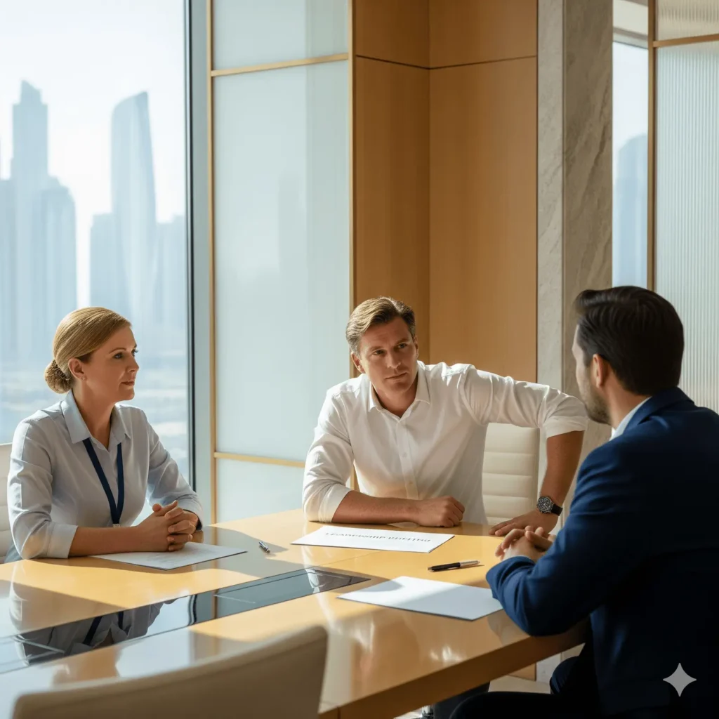 A professional executive search interview taking place in a modern high-rise office. Two recruiters, a man and a woman, sit at a light wood conference table looking intently at a male candidate in a navy blue suit. Through the large window behind them, a hazy city skyline of skyscrapers is visible under bright daylight.