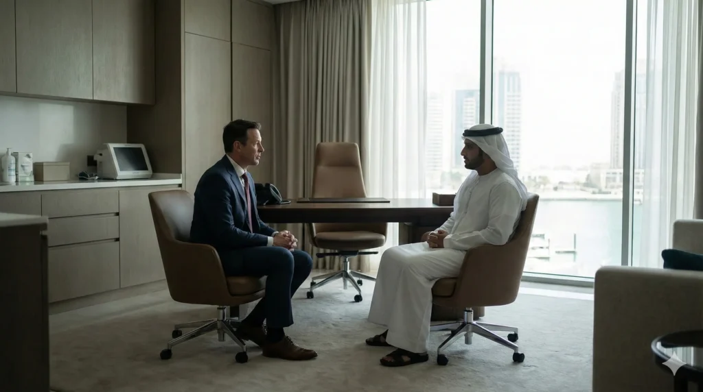 Family Offices & Elite Care: The Western-trained Standard 3 A photorealistic, wide-angle banner depicting a confidential medical consultation in a luxury executive suite overlooking a coastal Gulf city. A Western-trained medical professional in a tailored suit engages in a discreet, high-level discussion with a client in a sophisticated, private medical concierge setting with cinematic, soft natural lighting.