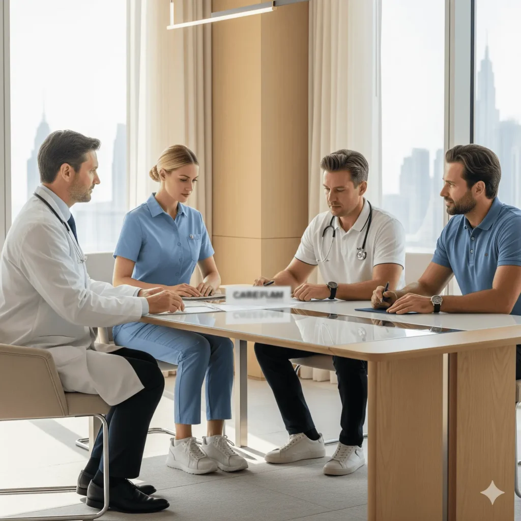 Family Offices in the Gulf: Choosing Western-Trained Medical Teams That Actually Stay 10 Three medical professionals—one in a white lab coat and two in blue scrubs—standing in a modern hospital corridor while reviewing a large, wall-mounted digital on-call schedule. The background features expansive floor-to-ceiling windows showcasing a clear view of a high-rise city skyline.