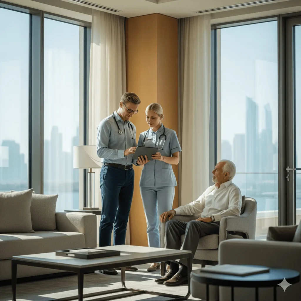 A male doctor and a female nurse, representing Western-trained clinicians, review a digital tablet in a luxury high-rise suite in Dubai. An elderly male patient sits in a modern armchair while the medical team discusses his care. Large floor-to-ceiling windows in the background reveal a clear view of a coastal city skyline and skyscrapers.