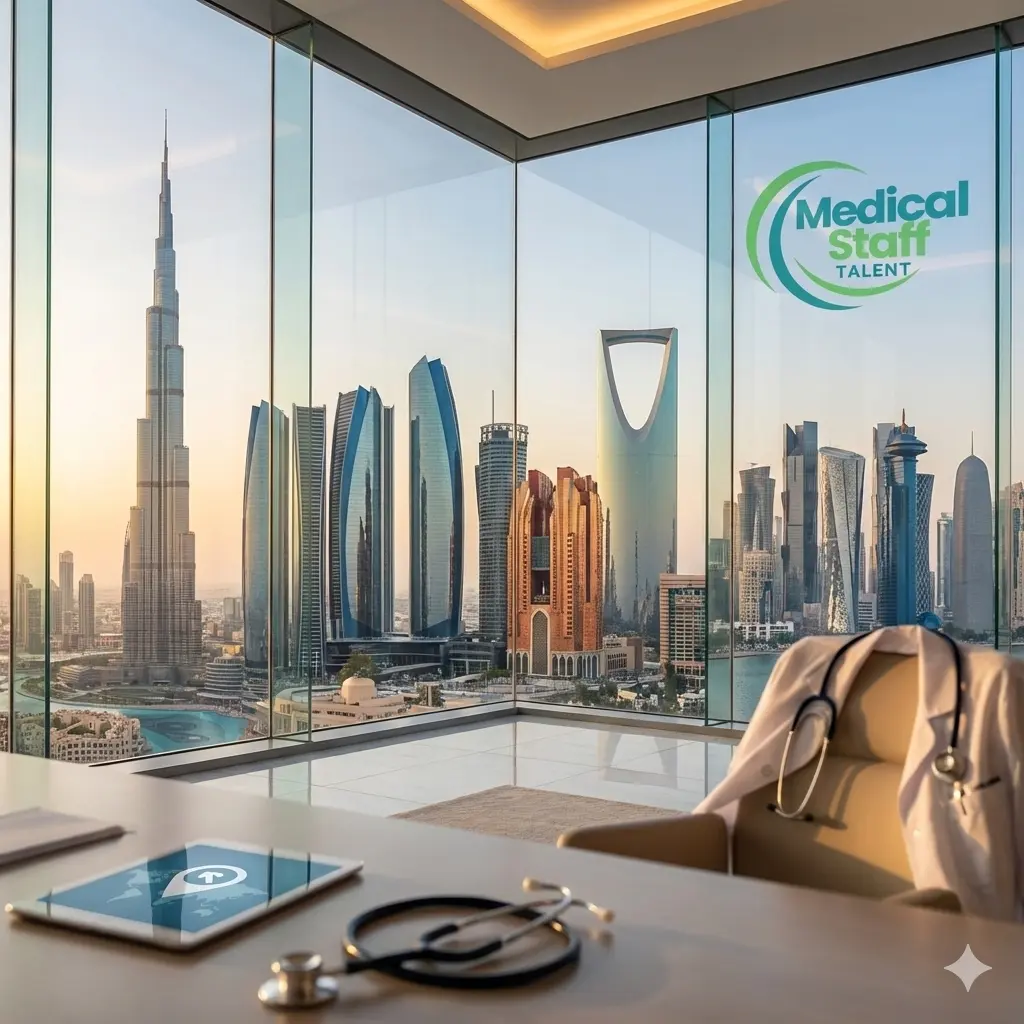 A high-end office with floor-to-ceiling windows overlooking a skyline of iconic Middle Eastern skyscrapers. On a desk in the foreground, there is a stethoscope and a tablet displaying a world map with a location pin. A white medical lab coat hangs over an office chair, and the "Medical Staff Talent" logo is featured on the window, representing global career opportunities for healthcare professionals.