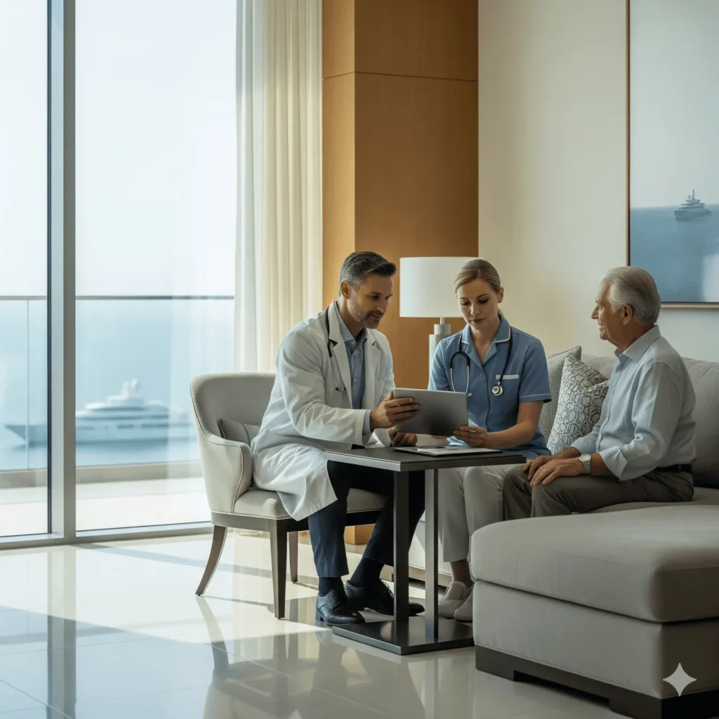 Private Doctor in Dubai: One-to-One VIP Care with Yacht Travel for Western-Trained Consultants 7 A male doctor in a white coat and a female nurse in blue scrubs are seated in a luxury, sunlit lounge, presenting medical information on a digital tablet to an elderly man. The modern room features a large floor-to-ceiling window that offers a clear view of a yacht on the calm ocean, highlighting a premium and private healthcare setting.