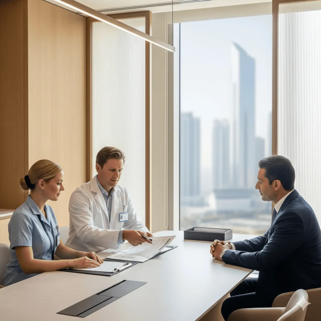 Private Medical Teams for Family Offices in the Gulf: A Western-Trained Model 8 A Western-trained doctor in a white coat and a nurse in blue scrubs collaborating with a business professional at a modern conference table. They are reviewing clinical or contractual documents in a high-end suite with floor-to-ceiling windows overlooking a coastal Middle Eastern skyline. This scene represents the professional integration of dedicated medical teams within family offices in the Gulf.