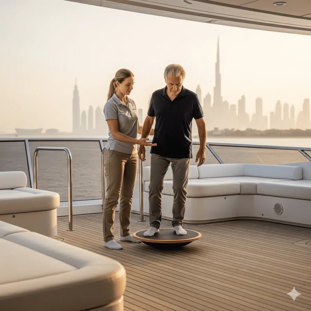 Private Physiotherapist in Dubai: One-to-One VIP Care with Yacht Travel 2 A male doctor and a female nurse in blue medical scrubs sit at a modern wooden table, reviewing malpractice insurance policy documents with a professional consultant in a blue suit. The group is focused on the paperwork in a bright, sunlit office environment, representing professional legal protection for healthcare workers in the Gulf.