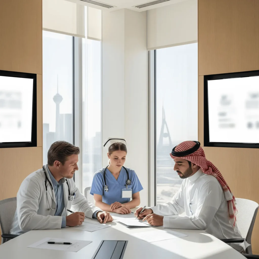 A male doctor and a female nurse in blue scrubs reviewing patient data on a digital tablet in a high-end Gulf private hospital suite. A clinical monitor stands nearby, and expansive windows show a hazy skyline of a coastal Middle Eastern city, representing the structured early warning and escalation protocols in a premium healthcare setting.