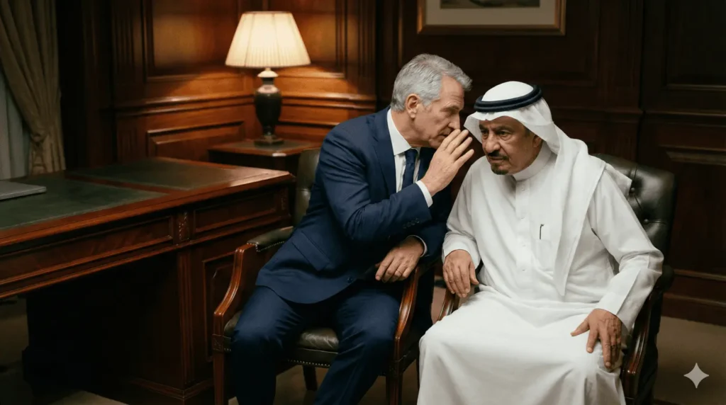 A man in a tailored navy suit whispers into the ear of a man wearing traditional Gulf attire in a classic, wood-paneled office.