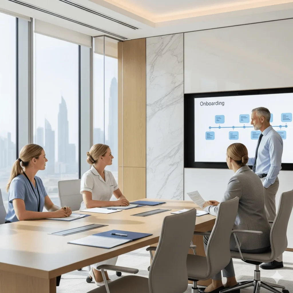 A male doctor in a light blue shirt and a female clinician in blue scrubs stand in a luxurious, modern high-rise medical suite, reviewing patient data on a digital tablet. An elderly male patient sits in a modern armchair while they discuss his care. Behind them, floor-to-ceiling windows reveal a hazy, sunlit skyline of a Middle Eastern city.