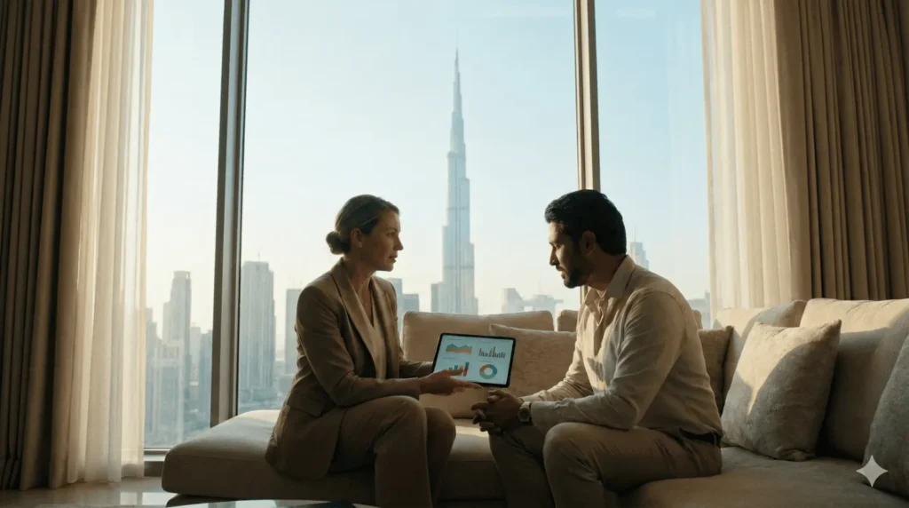 A professional woman in a beige suit shows data charts on a tablet to a man in a luxury setting, with the Burj Khalifa visible through the window in the background.