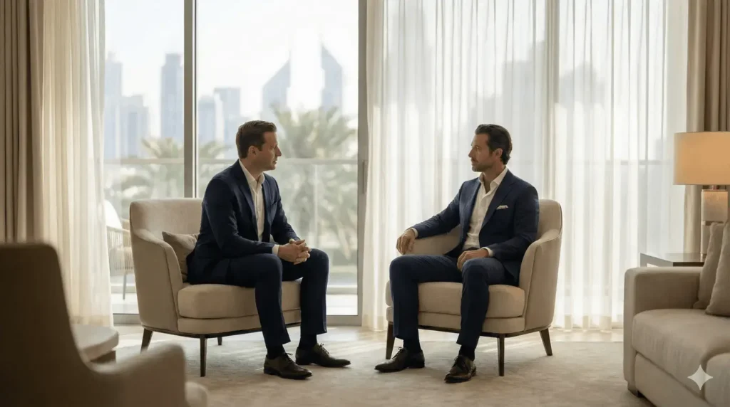 A professional female clinical leader in a white blazer leading a high-level strategic boardroom meeting. Senior medical professionals review clinical data against a backdrop of a modern skyscraper skyline, illustrating the strategic ROI of Western-trained medical directors in elite GCC hospitals.