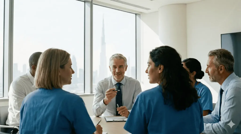 A group of medical professionals in blue scrubs having a meeting in a modern conference room with a panoramic view of the Dubai skyline, including the Burj Khalifa, outside.