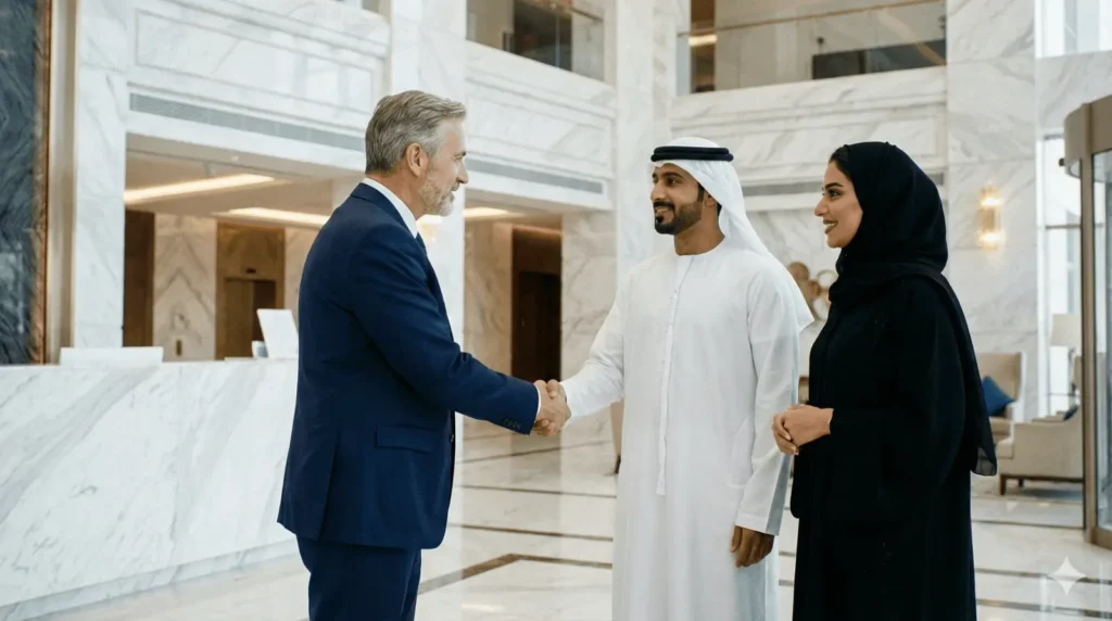 A Western medical executive in a professional suit shaking hands with a VIP client in traditional Gulf attire within a luxury marble lobby of an exclusive clinic in Dubai or Riyadh, symbolizing elite clinical talent acquisition for the GCC.