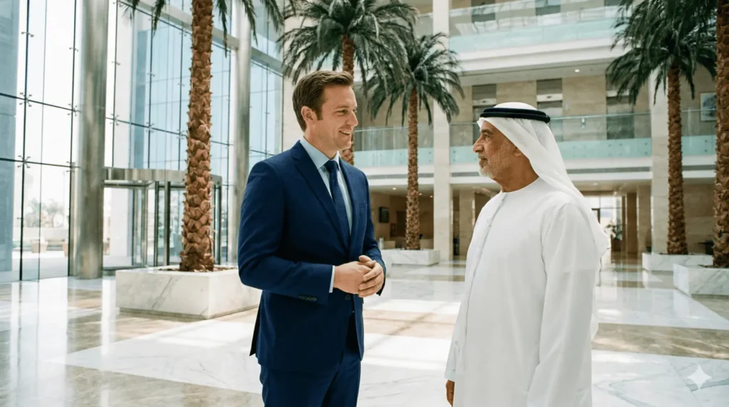 Two men stand in a bright, high-ceilinged modern atrium featuring marble floors and indoor palm trees. One man wears a navy blue business suit and tie, while the other wears a traditional white robe and headpiece. They are facing each other, smiling, and engaged in a conversation.
