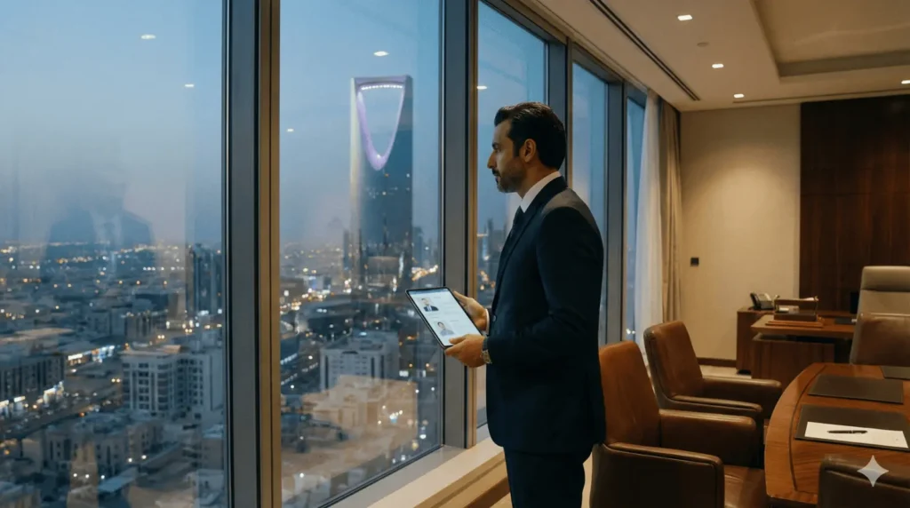 A professional man in a dark suit stands in a modern, high-rise office overlooking a city skyline at night. He is holding a tablet and reviewing professional profiles, with the distinctive Kingdom Centre tower visible through the large window. The office is elegantly furnished with leather chairs and a wooden desk, suggesting a high-level executive or recruitment setting.