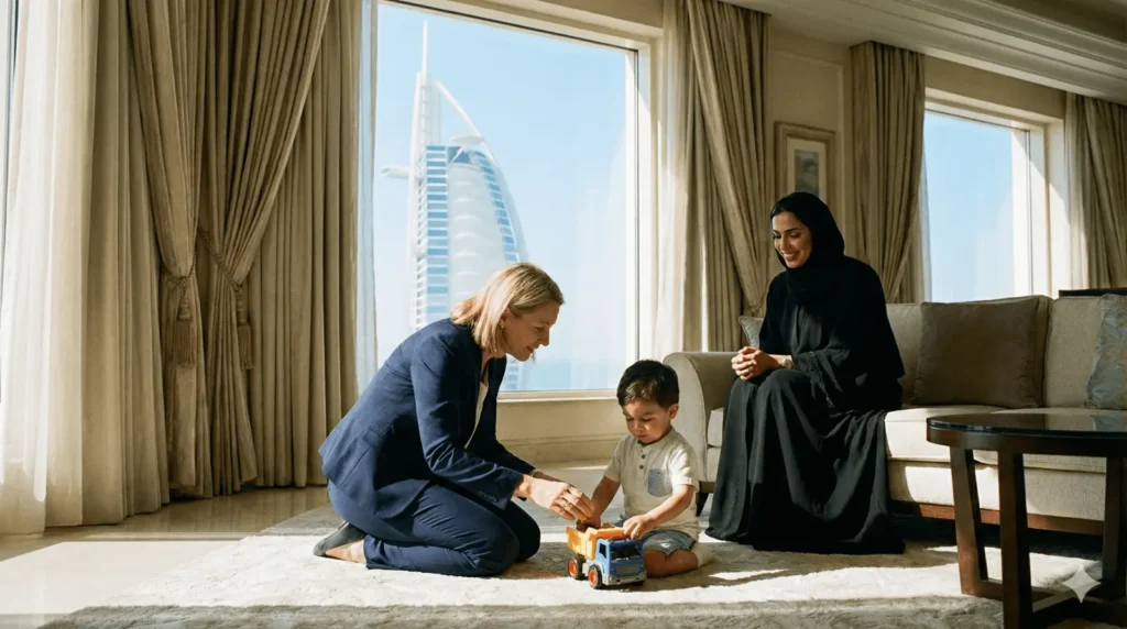 A woman in a professional navy blue suit kneels on a light-colored rug, playing with a young child and a toy truck. Another woman, wearing a black traditional dress, sits on a sofa nearby and watches them with a smile. The setting is a luxury interior with floor-to-ceiling windows offering a clear view of the Burj Al Arab in Dubai.