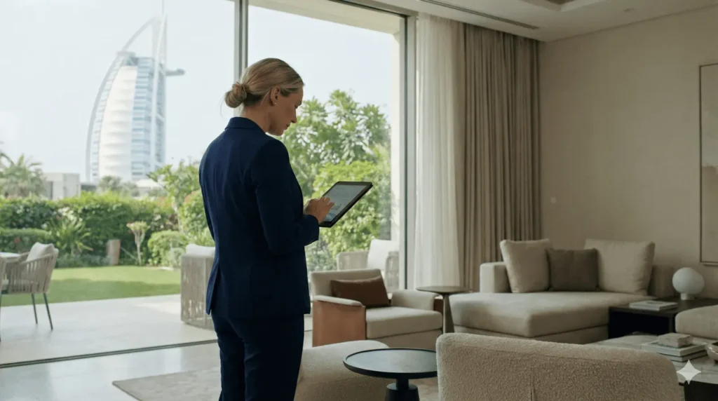 A professional woman in a navy blue suit stands in a bright, luxury living room, focused on a tablet. Through the large floor-to-ceiling windows behind her, a lush green garden and the iconic Burj Al Arab building in Dubai are visible in the distance.