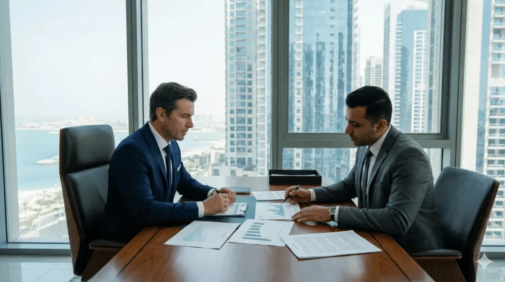 Two professional men in business suits sit across from each other at a wooden conference table in a high-rise office. They are reviewing and discussing various documents and charts. Through the large floor-to-ceiling windows, a dense city skyline and a coastal view are visible under bright daylight.