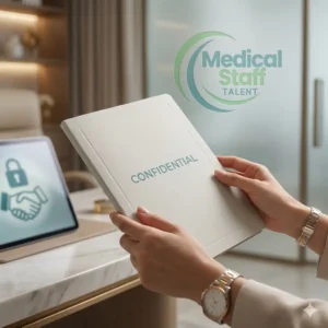 Aquí tienes una propuesta de texto alternativo para la imagen, redactada en inglés siguiendo tus preferencias de contenido:Alt Text: A professional in a modern office setting holding a cream-colored folder labeled "CONFIDENTIAL." In the background, the "Medical Staff Talent" logo is visible alongside a digital screen showing a secure handshake icon, symbolizing privacy and trust in healthcare recruitment.