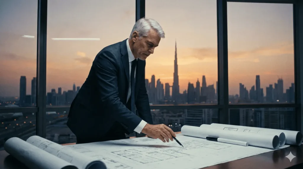 A mature professional man in a suit examining architectural blueprints on a large table in an office. Behind him, a floor-to-ceiling window reveals the Dubai skyline, including the Burj Khalifa, at sunset.