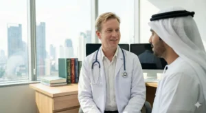 A doctor in a white coat with a stethoscope smiles while conversing with a patient wearing traditional clothing (thawb and ghutra). They are in a modern office with a large window overlooking a city skyline with skyscrapers in the background.