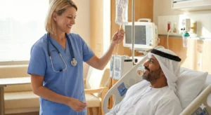 A female nurse wearing blue scrubs and a stethoscope smiles while adjusting an IV drip for a male patient. The patient, dressed in a traditional white thawb and ghutra, sits in a hospital bed and smiles back at the nurse. The scene takes place in a modern, brightly lit hospital room with medical equipment and monitors visible in the background.