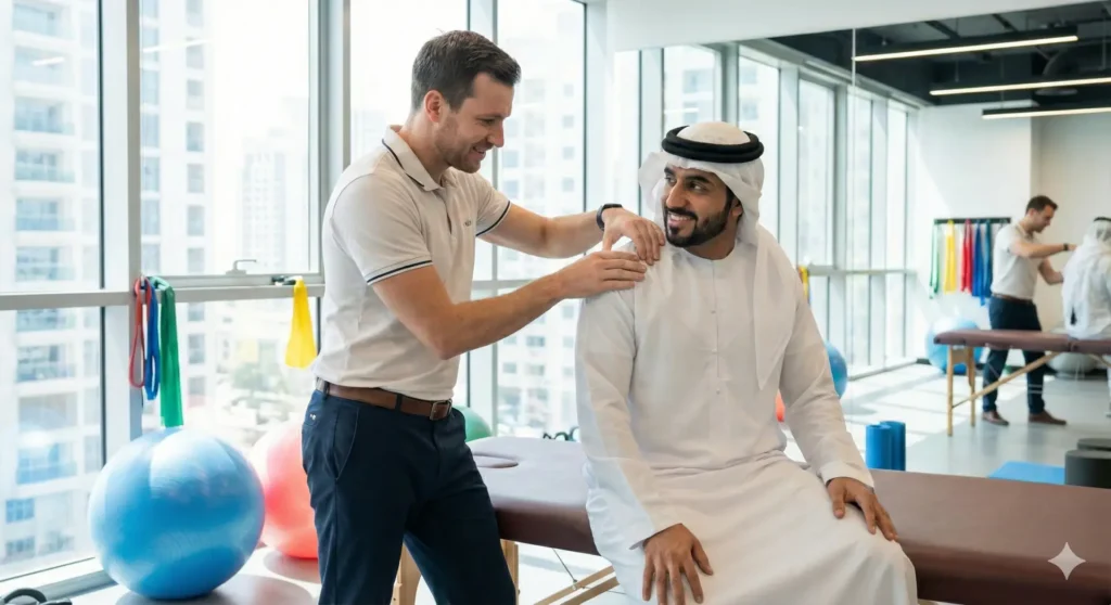 Western-trained physiotherapist treating a private patient in a bright, modern rehabilitation clinic in the Gulf, reflecting elite manual therapy and neuromuscular rehabilitation standards.