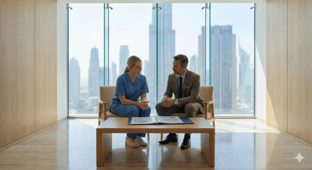 A female clinician in blue scrubs and a businessman in a suit sit across from each other in a modern office, engaged in a professional discussion over a document on a low table. Behind them, a large floor-to-ceiling window reveals a bright metropolitan skyline with prominent skyscrapers.