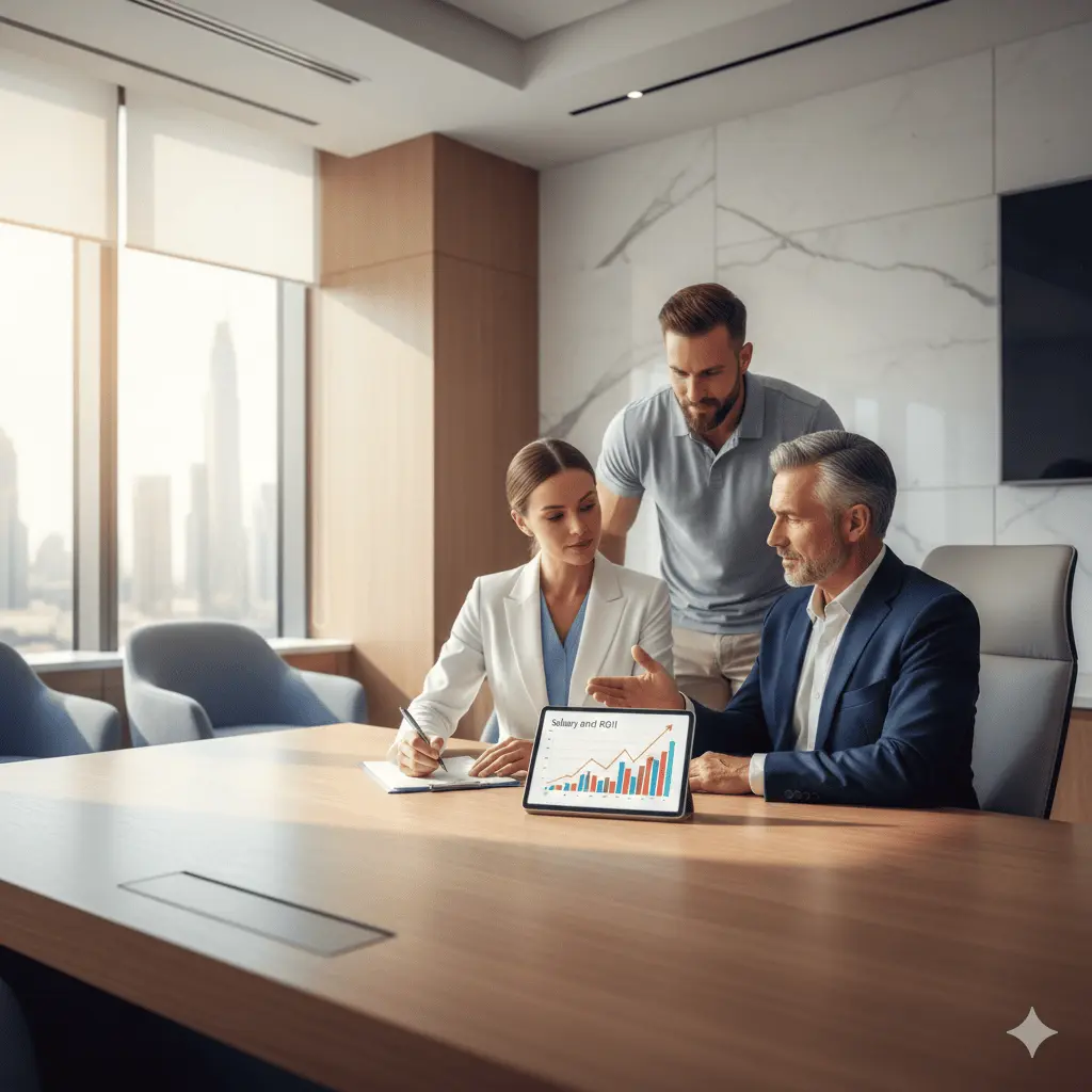 Three professionals—a woman in a white blazer, a man in a navy suit, and a younger man in a light blue polo shirt—are gathered around a wooden boardroom table. They are focused on a digital tablet displaying a "Salary and ROI" growth chart featuring bar and line graphs. The setting is a sun-drenched, high-end office with a large window looking out over a hazy, futuristic city skyline characteristic of the Gulf region.