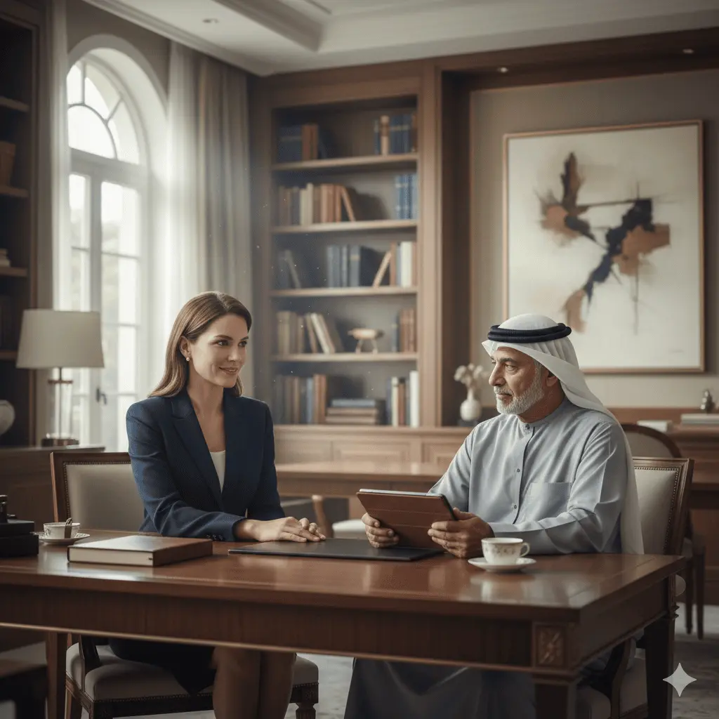 Western-Trained Talent: Proactive Clinical Risk Mitigation in the Gulf 9 A professional consultation in an upscale, wood-paneled office between a woman in a business suit and a man in traditional Gulf attire holding a tablet. This visual represents the strategic partnership and clinical risk mitigation between Western-trained medical specialists and elite healthcare stakeholders in the GCC region for 2026.