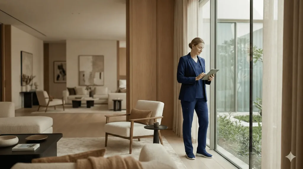 A professional female medical director in a white blazer leading a strategic boardroom meeting with colleagues. The modern office features large windows overlooking a metropolitan skyline, representing elite clinical leadership and ROI in the Gulf healthcare sector.