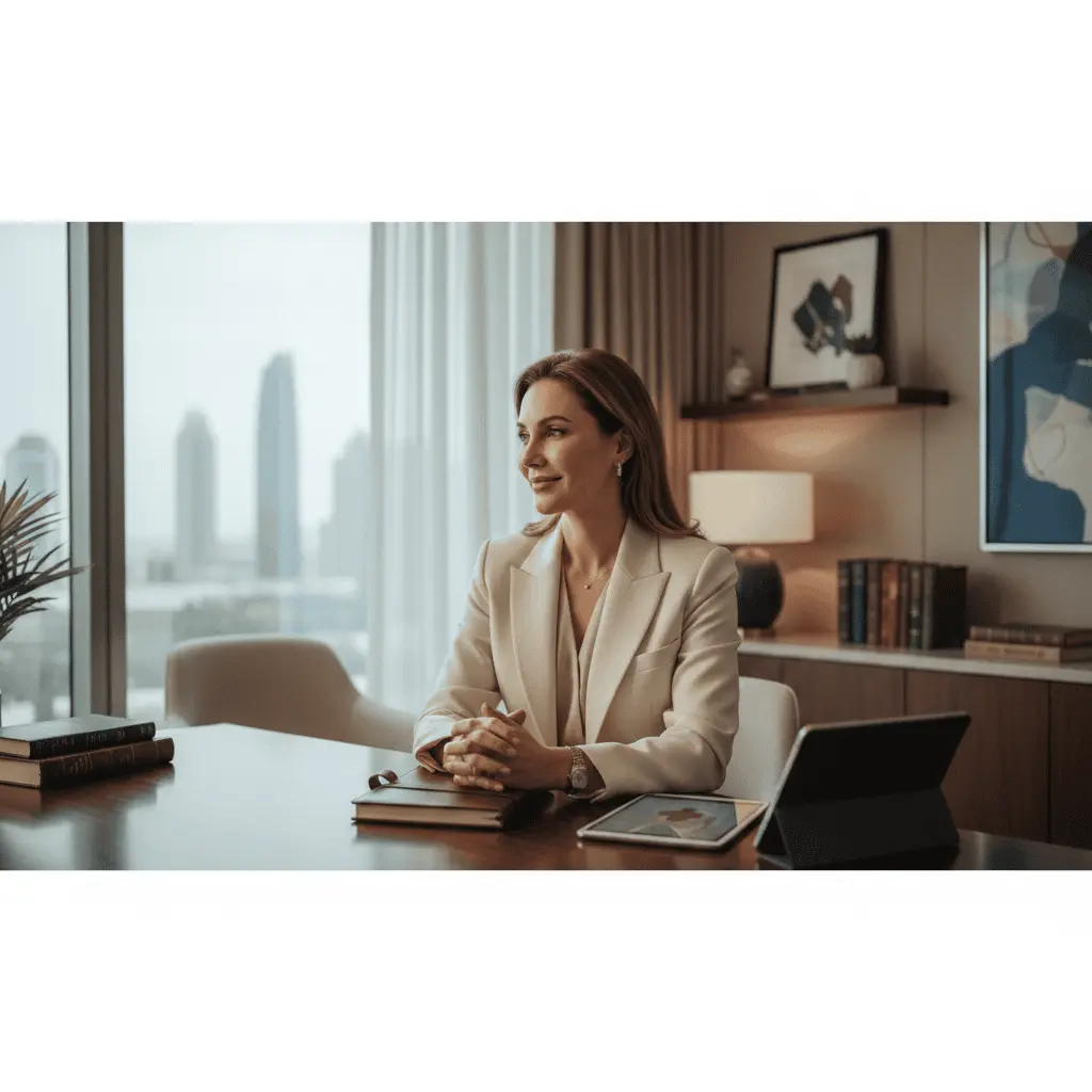 A professional clinical leader in a white blazer leads a strategic meeting in a modern high-rise boardroom. Senior colleagues review documents against a backdrop of a skyscraper-filled skyline, representing the executive decision-making and ROI of Western-trained medical directors in the GCC.