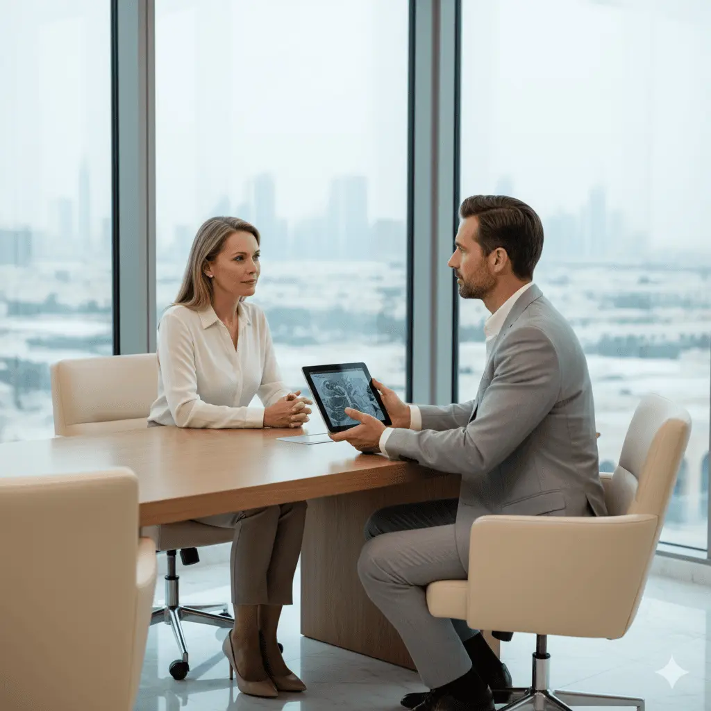 Western-trained doctor jobs in Dubai, Abu Dhabi, Riyadh and Doha private hospitals: what really changes in daily practice 4 A man and a woman in professional attire sitting at a conference table in a high-rise office overlooking a city skyline. The man holds a tablet displaying a medical scan, discussing it with the woman in a bright, modern setting.