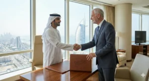 Professional collaboration between a Western-trained medical specialist and a local Gulf healthcare executive in a luxury clinic, representing bespoke clinical placement alignment.