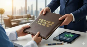 Concierge handover of medical licensing documents including DHA, MOH, and DOH credentialing, with Dataflow verification completed for physiotherapists.