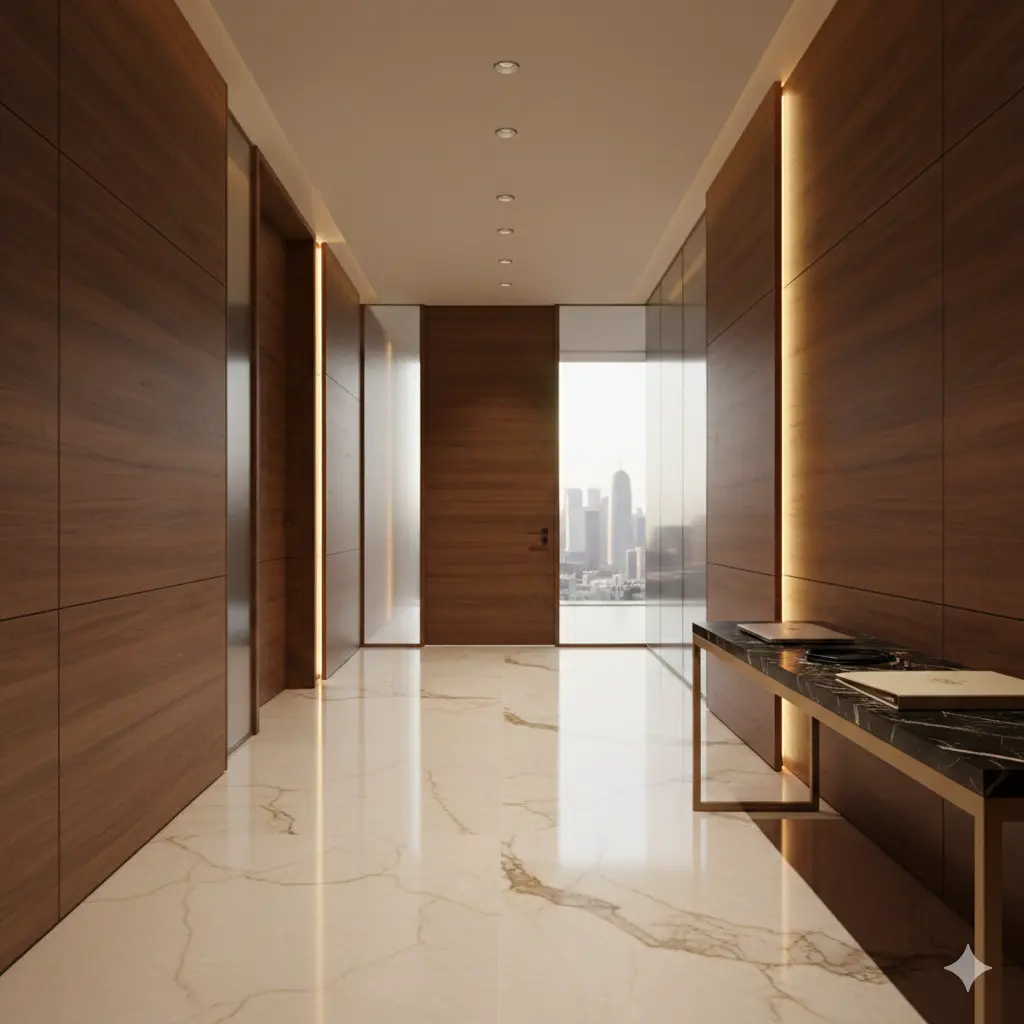 Luxury interior of a high-end medical facility in Doha, featuring polished marble flooring, elegant dark wood paneling with warm vertical lighting, and a modern console table. A large window at the end of the corridor reveals a cinematic view of a modern city skyline, representing the pinnacle of career excellence for Western-trained professionals in the Gulf.