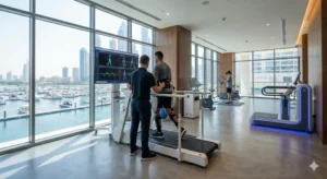 Luxury state-of-the-art physiotherapy rehabilitation center in the Gulf, showcasing advanced robotic technology and elite clinical environments for specialists.