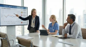 Strategic alignment meeting between a Western-trained nursing professional and a healthcare consultant to match clinical leadership skills with top-tier Gulf hospitals.