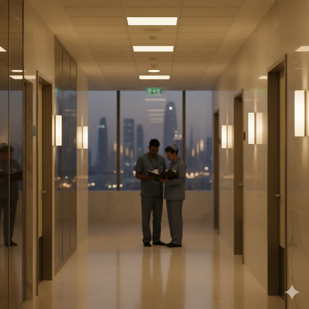 A luxury private hospital ICU corridor with marble walls and warm gold lighting. In the background, an ICU consultant and nurse are seen in silhouette reviewing a document near a window overlooking a blurred city skyline at dusk.