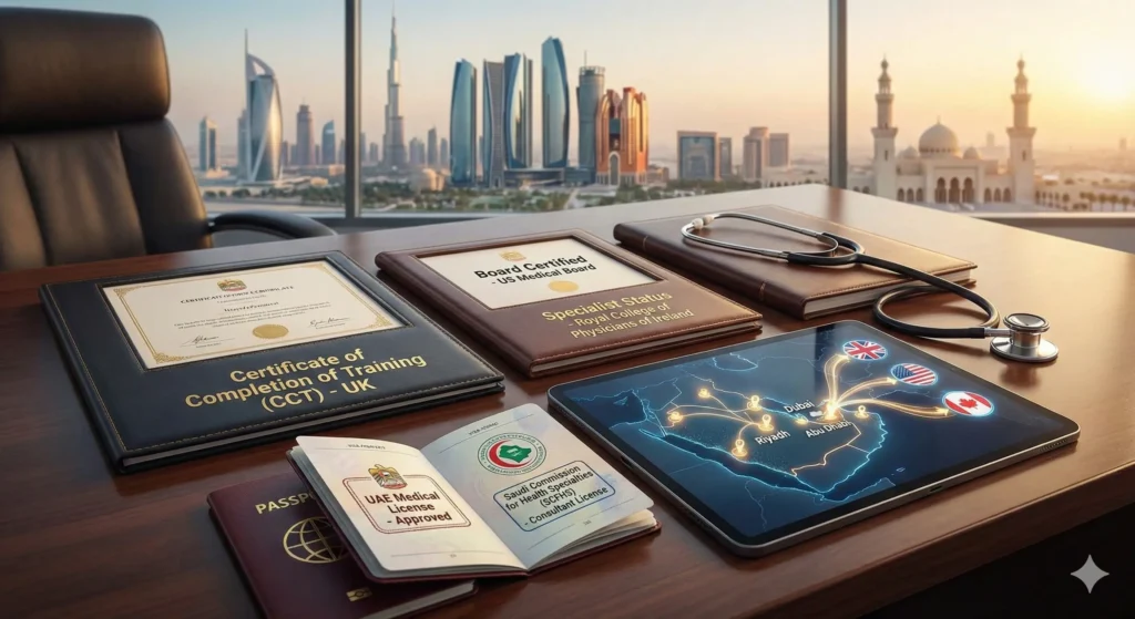 A professional office desk overlooking a modern Gulf skyline, displaying prestigious Western medical credentials including a UK CCT and US Board Certification. The scene includes a stethoscope, a tablet showing a map linking Western nations to cities like Dubai and Riyadh, and a passport with an "Approved" UAE medical license stamp, symbolizing a streamlined regulatory path for elite clinicians.