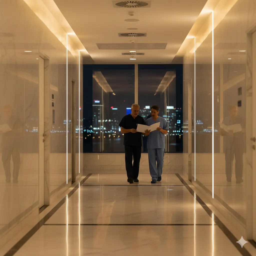 Securing a Western-Trained Cardiac Anaesthetist 6 A premium hospital corridor with polished marble floors and warm ambient lighting. Two healthcare professionals in surgical scrubs walk down the hall while looking at a document, with a distant glowing city skyline visible through a window at the end of the corridor.