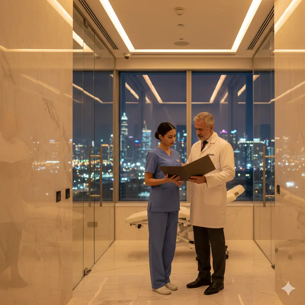 A luxury dermatology clinic interior with marble and glass architecture. A male doctor in a white coat and a female nurse in blue scrubs stand together reviewing a document. In the background, a vibrant city skyline is visible through floor-to-ceiling windows under warm ambient light.
