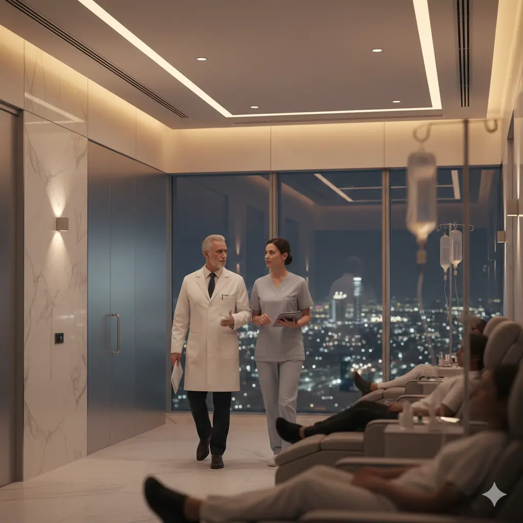 A luxury oncology clinic interior at night with high-end marble and glass architecture. A senior male doctor and a female nurse walk through the suite past premium infusion seating, with a brightly lit city skyline visible through large floor-to-ceiling windows.