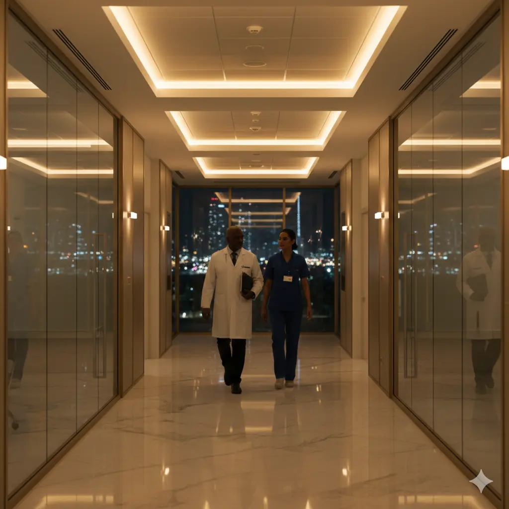 A luxury GCC private hospital corridor with marble floors and warm ambient lighting at night. A male paediatric consultant and a female charge nurse walk down the hallway past glass-walled rooms, with a glowing city skyline visible through a large window at the end.