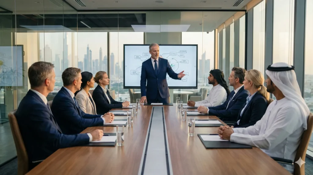 GCC Physician Leadership: The Rise of the Western Executive 2 GCC Physician Leadership presentation in a boardroom.